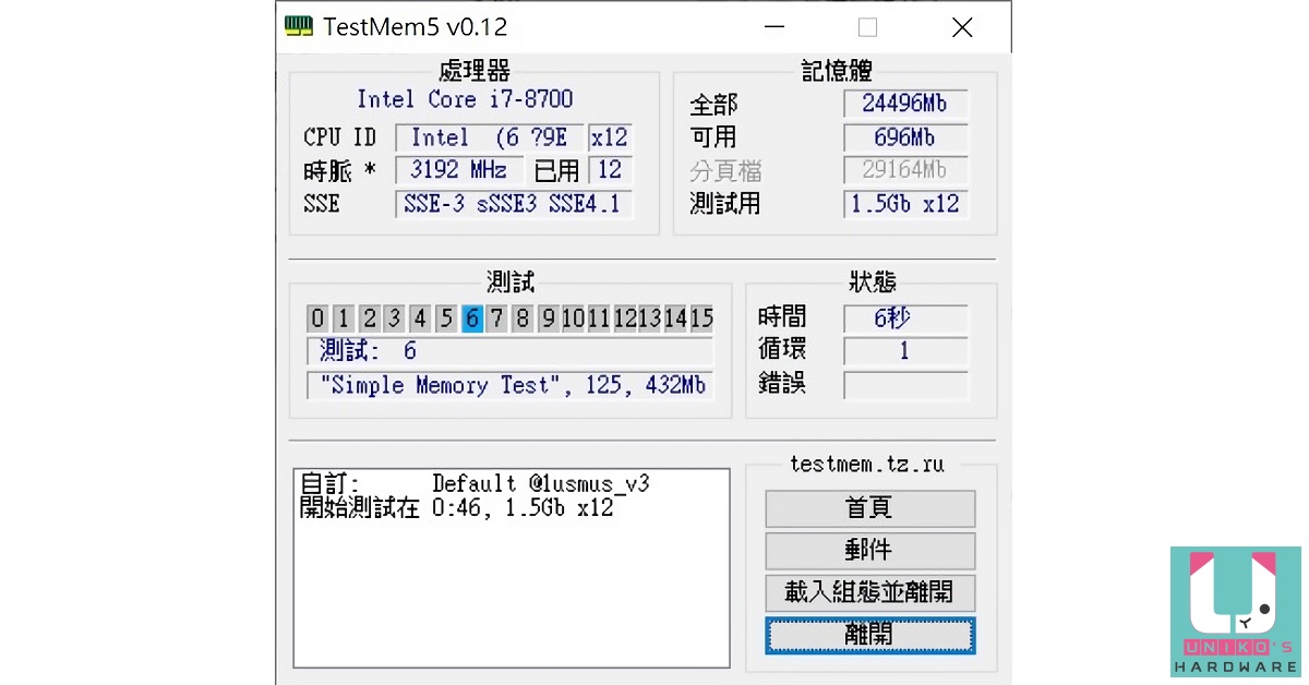 免費記憶體穩定度測試軟體 - TestMem5